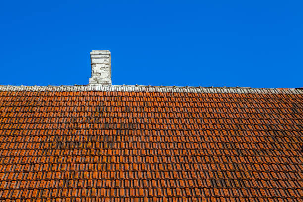 istock Old house tiled roof with white chimney 678080178