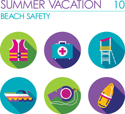 Lifeguard beach safety vector flat icon set. Summer time. Vacation