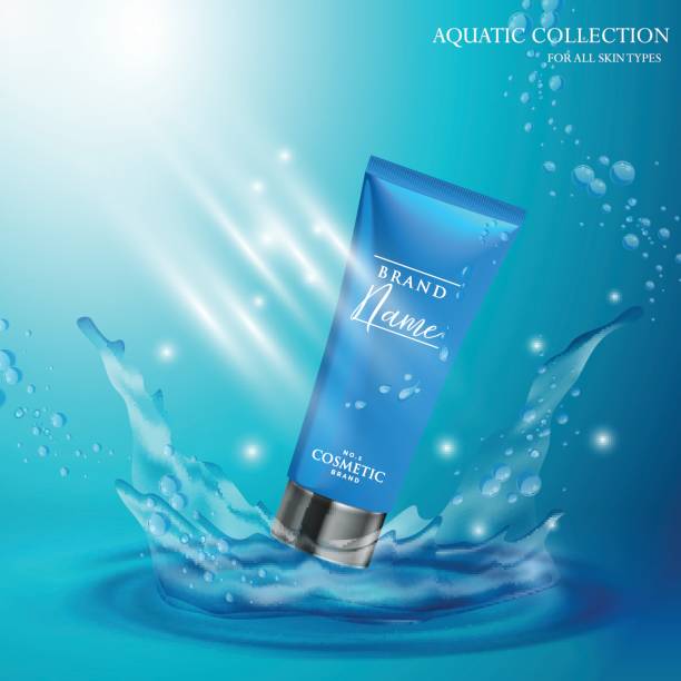 istock Design cosmetics product advertising. Vector illustration blue container with cream on a background of water with a splash 678081548