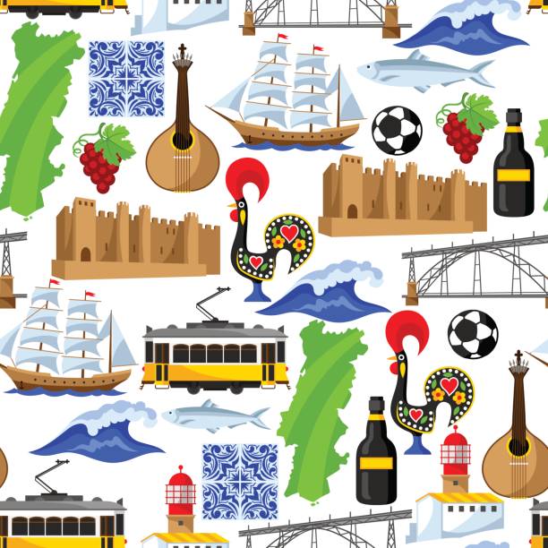 ilustrações de stock, clip art, desenhos animados e ícones de portugal seamless pattern. portuguese national traditional symbols and objects - lisbon square landscape