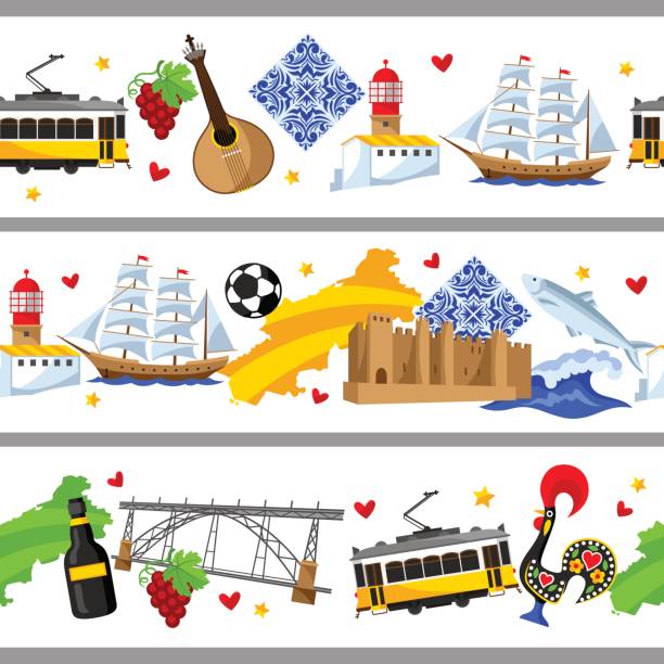 ilustrações de stock, clip art, desenhos animados e ícones de portugal seamless borders. portuguese national traditional symbols and objects - lisbon square landscape