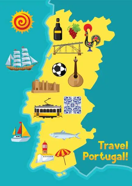 Vector illustration of Portugal map. Portuguese national traditional symbols and objects