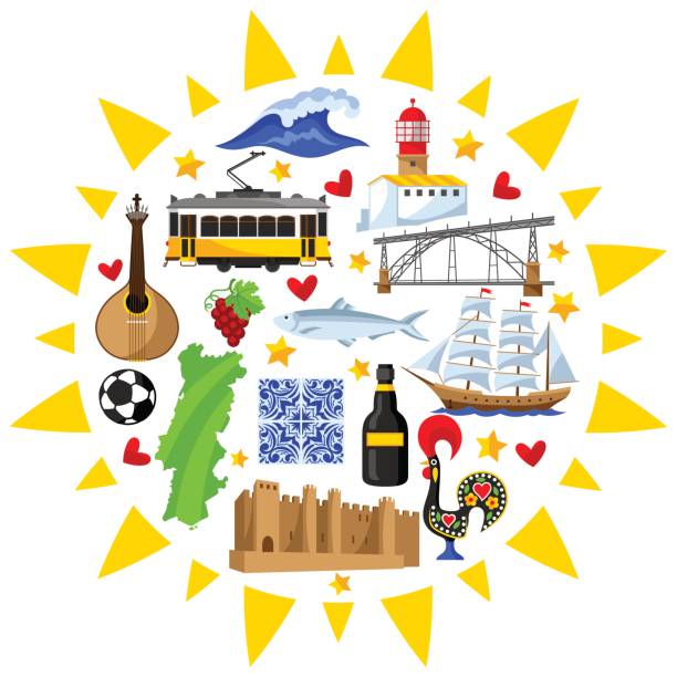 ilustrações de stock, clip art, desenhos animados e ícones de portugal background design. portuguese national traditional symbols and objects - lisbon square landscape