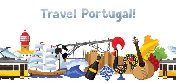 포르투갈 배경 디자인입니다. 포르투갈 국가 전통적인 기호 및 개체 - 포르투갈어 일러스트 stock illustrations