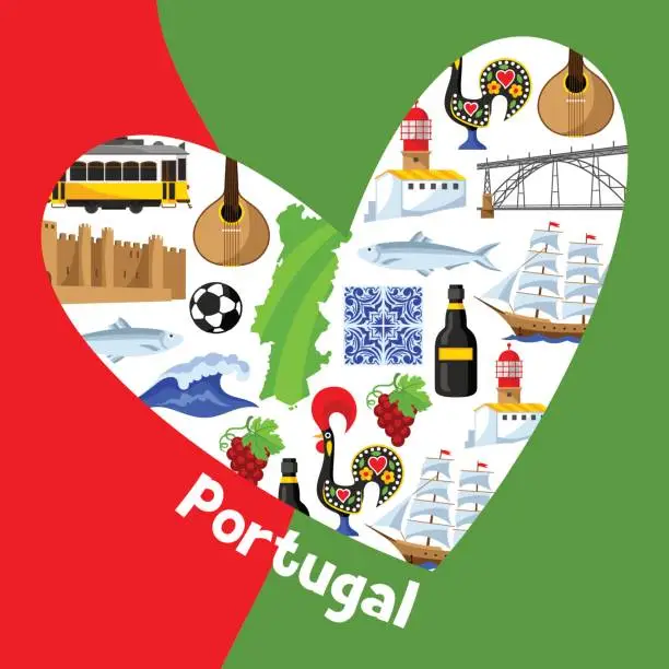 Vector illustration of Portugal background design in shape of heart. Portuguese national traditional symbols and objects