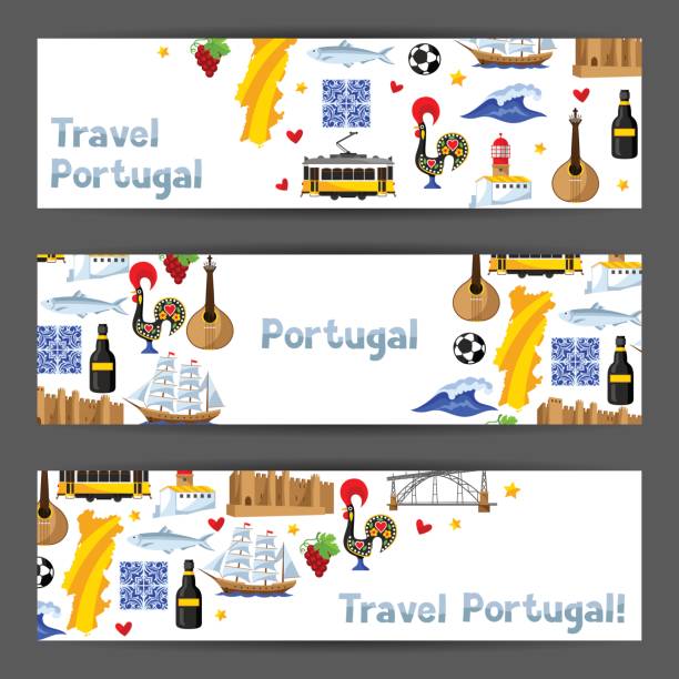 ilustrações de stock, clip art, desenhos animados e ícones de portugal banners. portuguese national traditional symbols and objects - lisbon square landscape