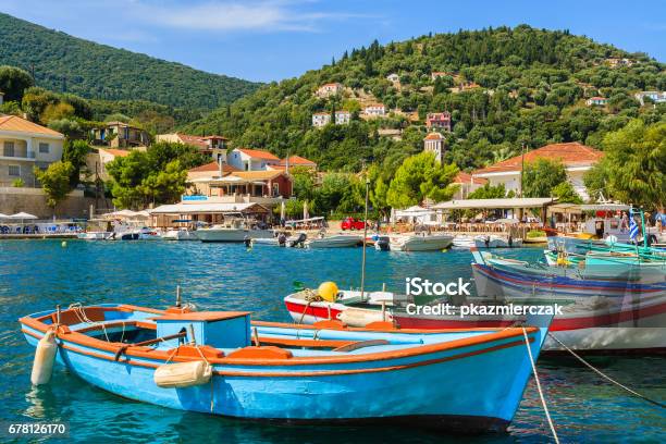 Colourful Greek Fishing Boats In Port Of Kioni On Ithaca Island Greece Stock Photo - Download Image Now