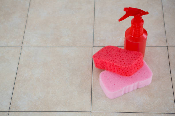 istock High angle view of cleaning sponge with spray bottle 678129998
