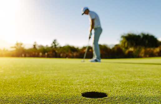 Golf player putting ball in hole. Horizontal shot of golf hole in the green field with golfer in background.