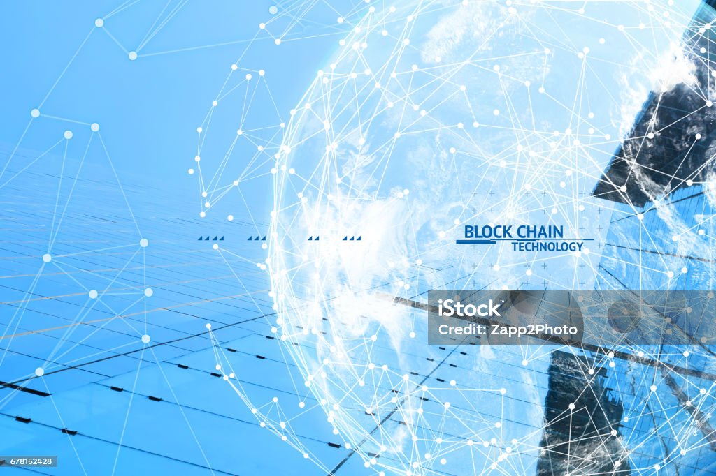 Fintech technology and Blockchain network concept , Distributed ledger technology connect wireframe and cloud globe furnished by NASA with blue building background and text. Accounting Ledger Stock Photo