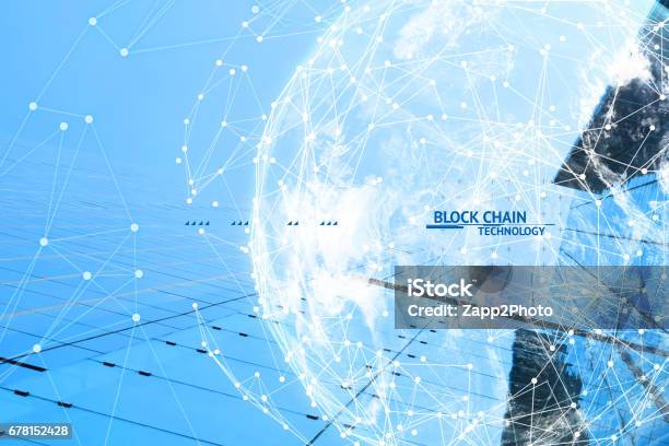 Fintech Technology And Blockchain Network Concept Distributed Ledger Technology Connect Wireframe And Cloud Globe Furnished By Nasa With Blue Building Background And Text Stock Photo - Download Image Now