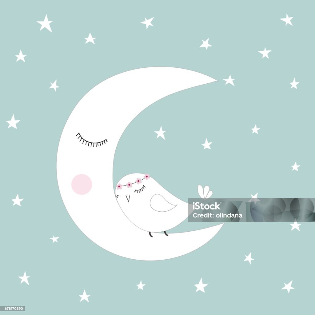 Sleeping half moon white cute bird blue night sky stars kids illustration room decoration Sleeping half moon white cute bird blue night sky stars kids illustration room decoration, light pastel colors Child stock vector