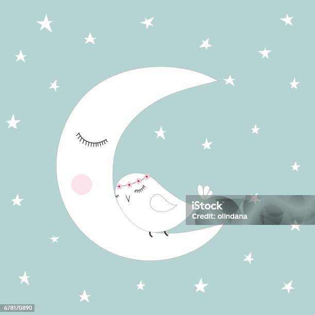 Sleeping Half Moon White Cute Bird Blue Night Sky Stars Kids Illustration Room Decoration Stock Illustration - Download Image Now