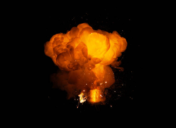 istock Realistic fiery explosion, orange color with sparks isolated on black background 678179626