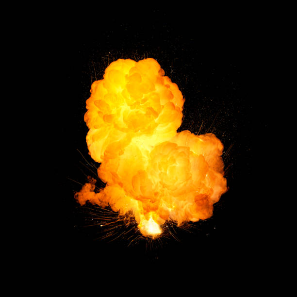 istock Realistic fiery explosion, orange color with sparks isolated on black background 678179636