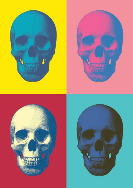 ilustrações de stock, clip art, desenhos animados e ícones de colorful pop art skull in front view - pop art skull backgrounds pattern