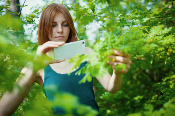 istock young woman make photo on cellphone, spring flowers background 678197202