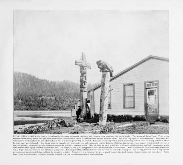 Antique Alaskan Photograph: Totem Poles, Alaska, 1893 Antique Alaskan Photograph: Totem Poles, Alaska, 1893: Original edition from my own archives. Copyright has expired on this artwork. Digitally restored. inuit alaskan culture indigenous culture alaska stock pictures, royalty-free photos & images