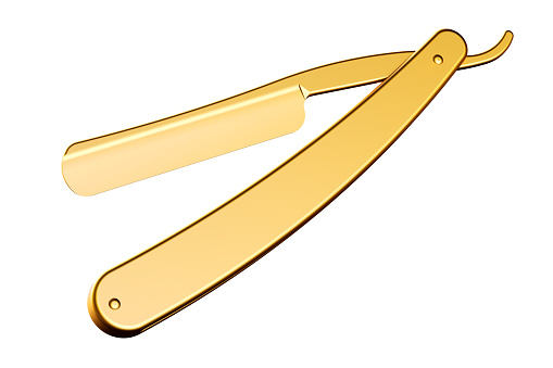 Golden Straight Razor closeup, 3D rendering isolated on white background