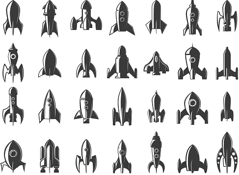 Set of the rockets icons on white background. Start up. Design element for  label, emblem, sign. Vector illustration.