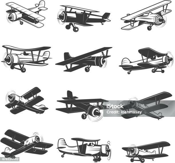 Set Of Vintage Airplanes Icons Aircraft Illustrations Design Element For Label Emblem Sign Vector Illustration Stock Illustration - Download Image Now