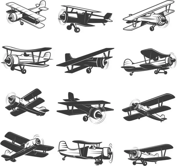 Vector illustration of set of vintage airplanes icons. Aircraft illustrations. Design element for  label, emblem, sign. Vector illustration.