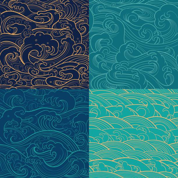 marine set: color outline seamless patterns vector art illustration