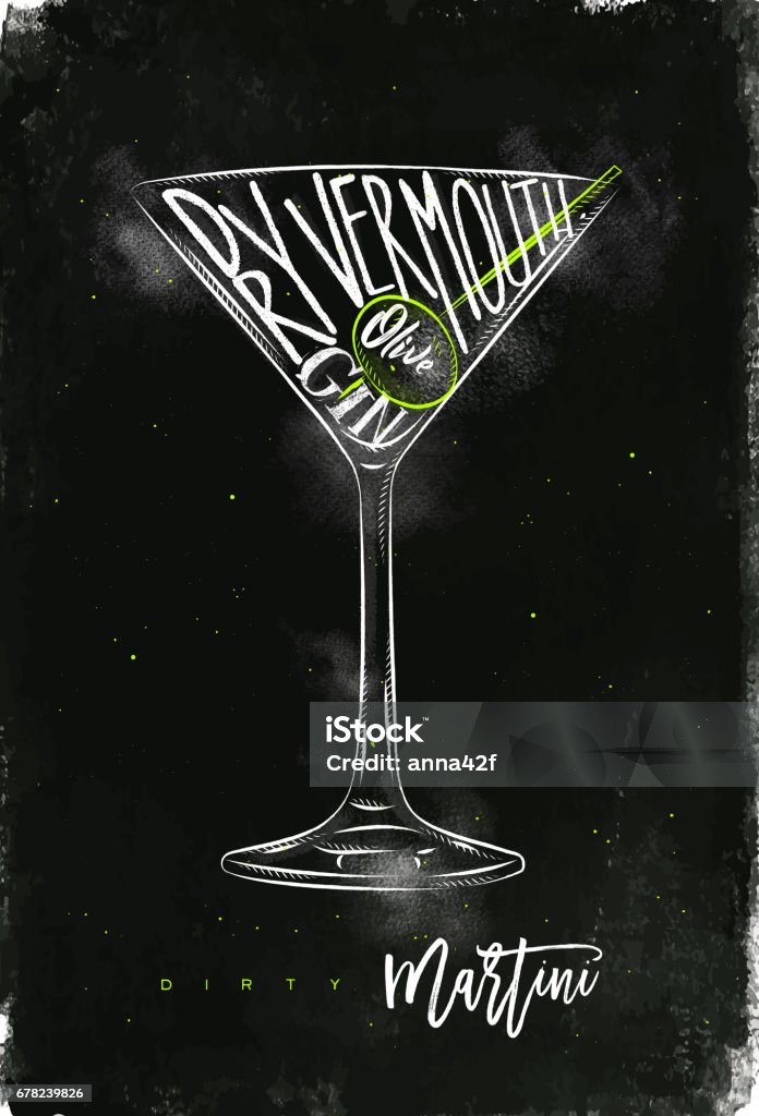 Dirty martini cocktail chalk color Dirty martini cocktail lettering dry vermouth, gin, olive in vintage graphic style drawing with chalk and color on chalkboard background Bar - Drink Establishment stock vector