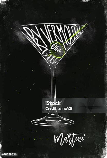 Dirty Martini Cocktail Chalk Color Stock Illustration - Download Image Now - Bar - Drink Establishment, Cocktail, Cocktail Party