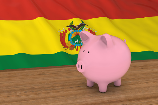 Bolivia Finance Concept - Piggybank in front of Bolivian Flag 3D Illustration