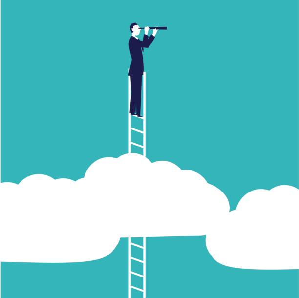 Businessman's with spyglass climbing above the clouds vector art illustration