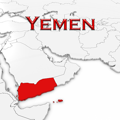 3D Map of Yemen with Country Name Highlighted Red on White Background 3D Illustration