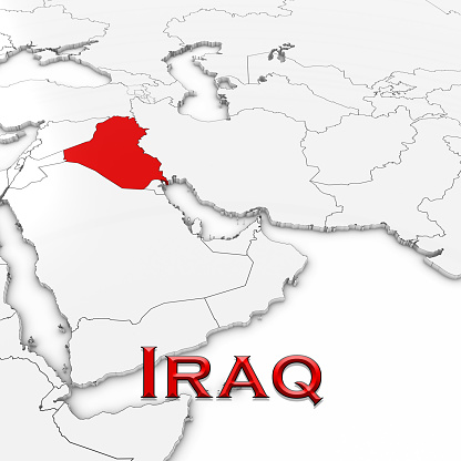 3D Map of Iraq with Country Name Highlighted Red on White Background 3D Illustration