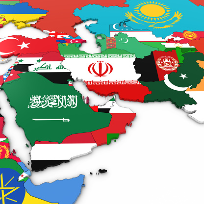 3D Map of the Middle East with National Flags on White Background 3D Illustration