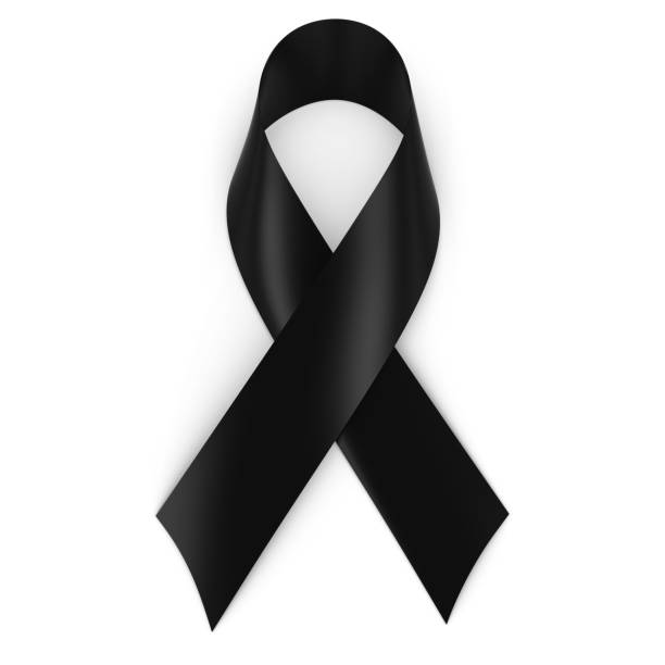 Black Mourning Ribbon isolated on white with shadows stock photo