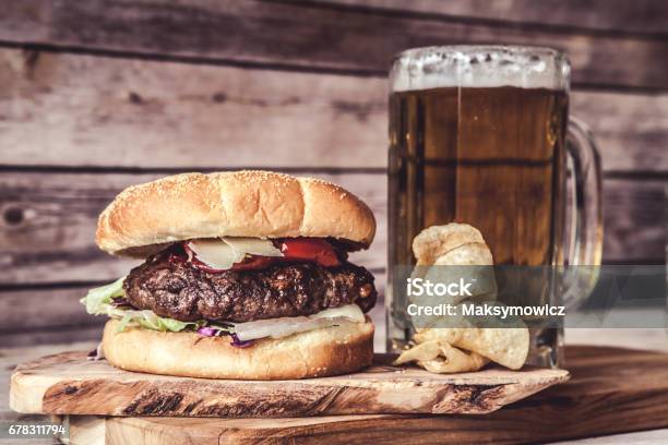 Craft Beer With Hamburger Stock Photo - Download Image Now - Burger, Pint Glass, Alcohol - Drink