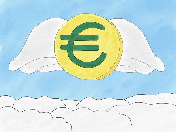 istock Abstract hand draw doodle euro coin with wings on sky background 678319706