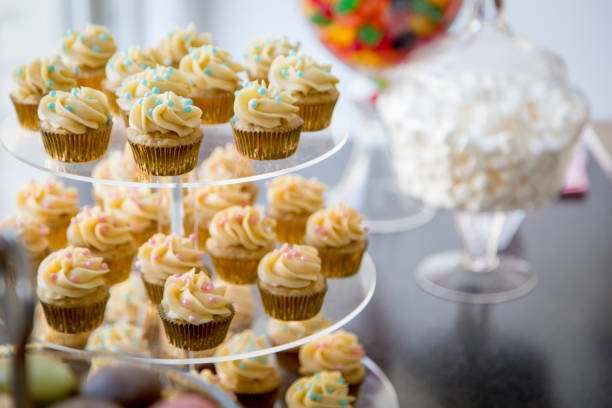 istock Vanilla bean mini cupcakes decorated with cyan and pink candy beads on a clear tiered tray on a dessert table with marshmallows, jujubes and macaroons. 678323662