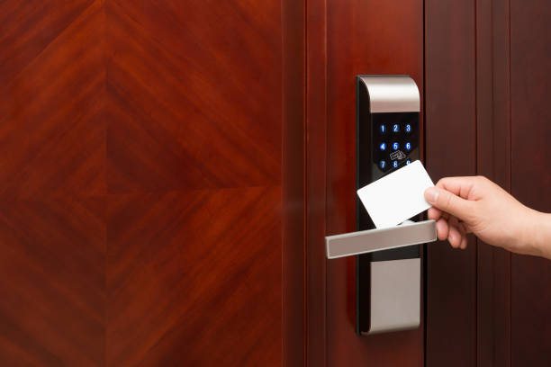 istock electronic door lock opening by an blank security card good for adding text and logo 678341846