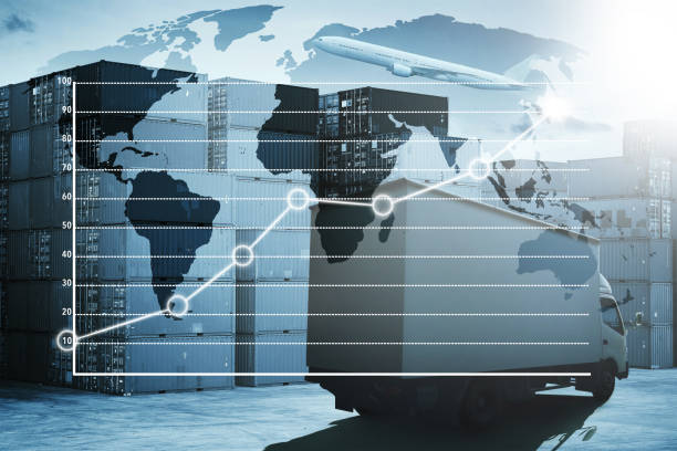 istock Truck and airplane with container cargo for logistic import export with technical bar chart , concept of business success with global logistics partnership and transportation . 678348880