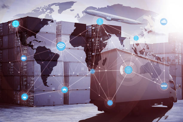 istock Truck and airplane with container cargo for logistic import export , concept of smart technology with global logistics partnership and transportation . 678348886