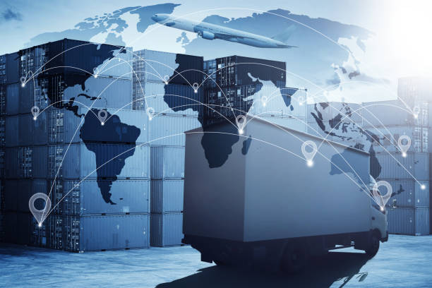 istock Truck and airplane with container cargo for logistic import export , concept of smart technology with global logistics partnership and transportation . 678348906