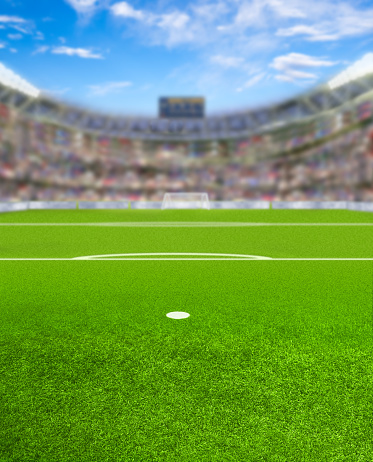 Soccer arena full of fans in the stands with deliberate focus on foreground and shallow depth of field on background and copy space.  3D rendering of fictitious soccer stadium.
