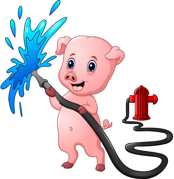 Vector illustration of Cartoon pig with hose spraying water and fire hydrant