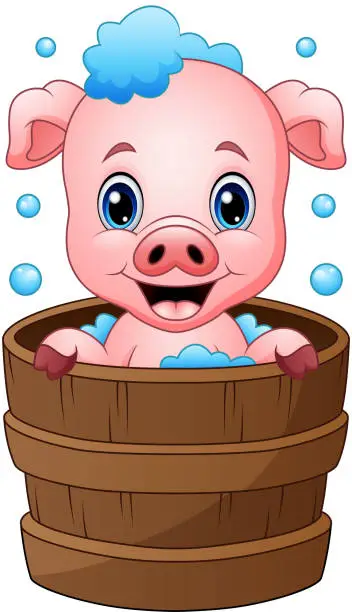 Vector illustration of Smiling pig cartoon bathing