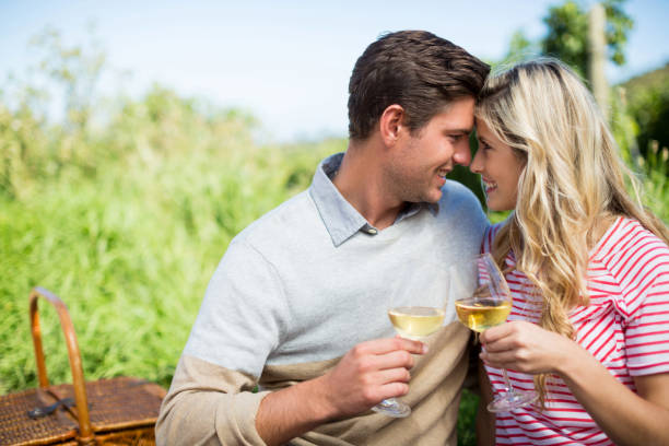 istock Smiling couple face to face holding wineglasses 678385598