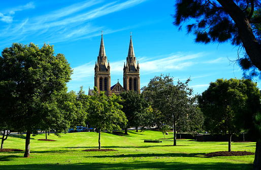 View of St Peters Cathedral taken from parklands near King William Road, Adelaide South Australia.