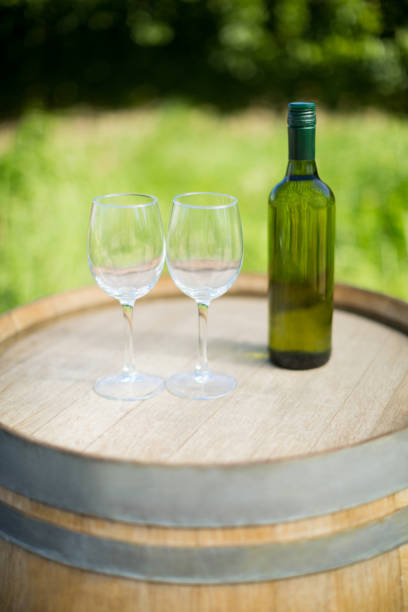 istock Empty wineglasses and bottle on barrel 678398670