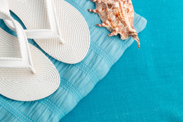 istock White flip flop near seashell on blue background. Top view. 678414498