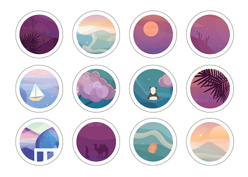 Romantic painting circles with different low polygon style textures. Vector landscapes illustration. Trendy stickers set.